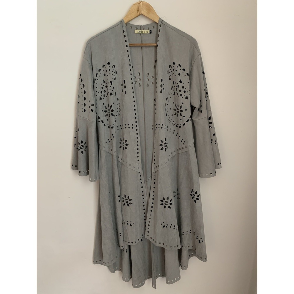 Vegan Suede Duster Sz S Gray Laser Cut Bell Sleeve Festival Boho Camille And‎ Co